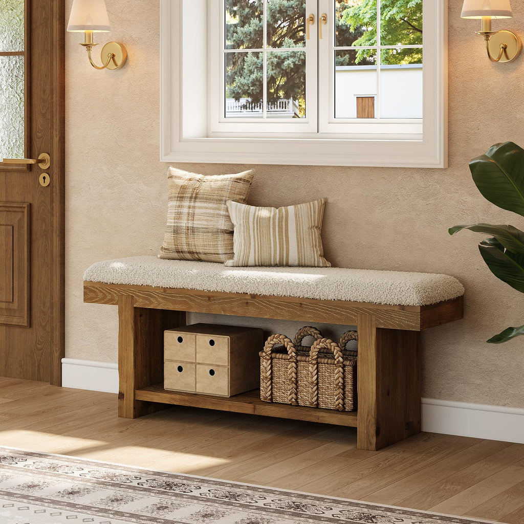 47.2-Inch Solid Wood Entryway Bench, 2-Tier Farmhouse Upholstered Bedroom Bench with Storage Shelf, Narrow Bench