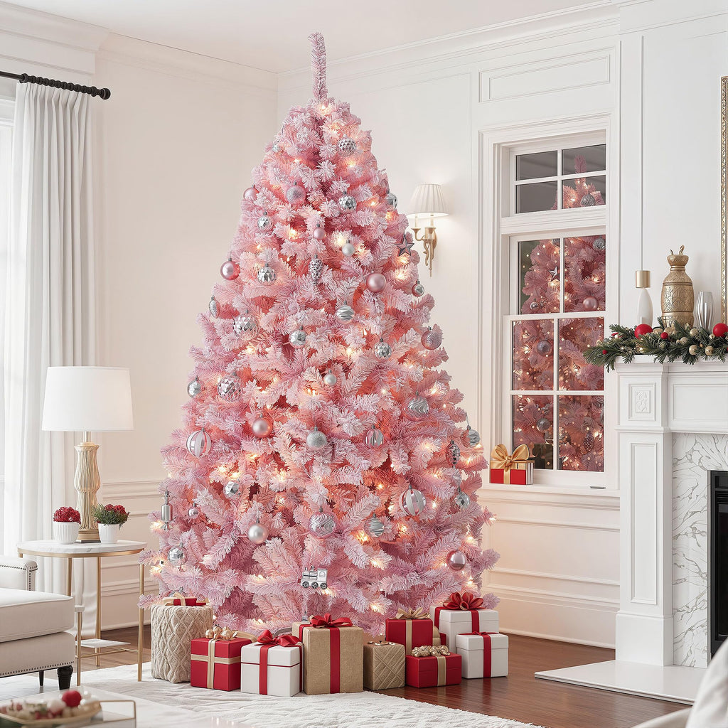 7.5ft Prelit Pink Flocked Christmas Tree w/ 550 Warm White Lights