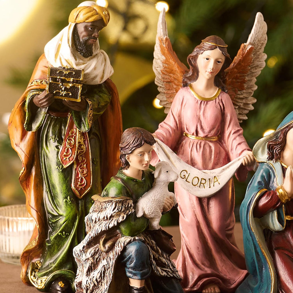 8'' Christmas Nativity Set Figures 8pc, Red Gold Green