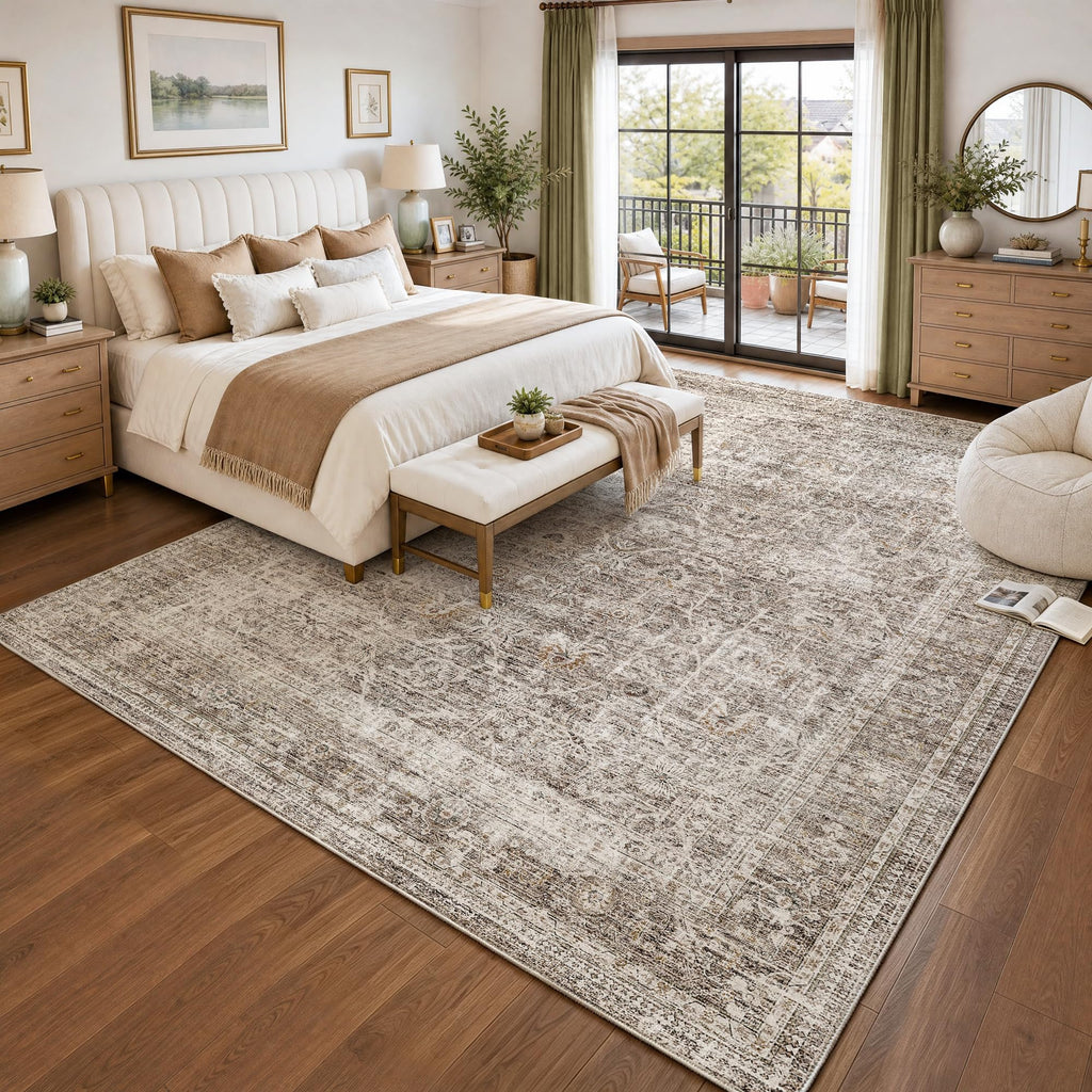 Washable Taupe Vintage Distressed Area Rug