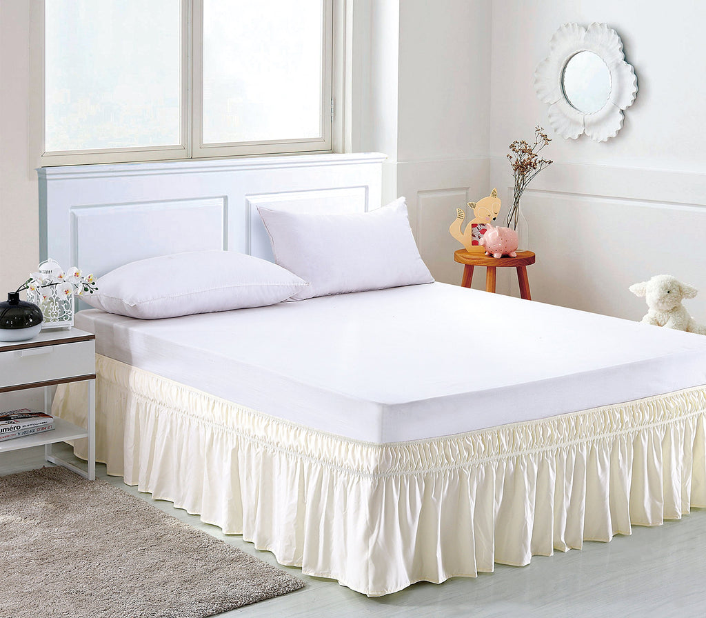 Wrap Around Elastic Bed Skirt for Queen & King Beds, 16" Drop, Ivory