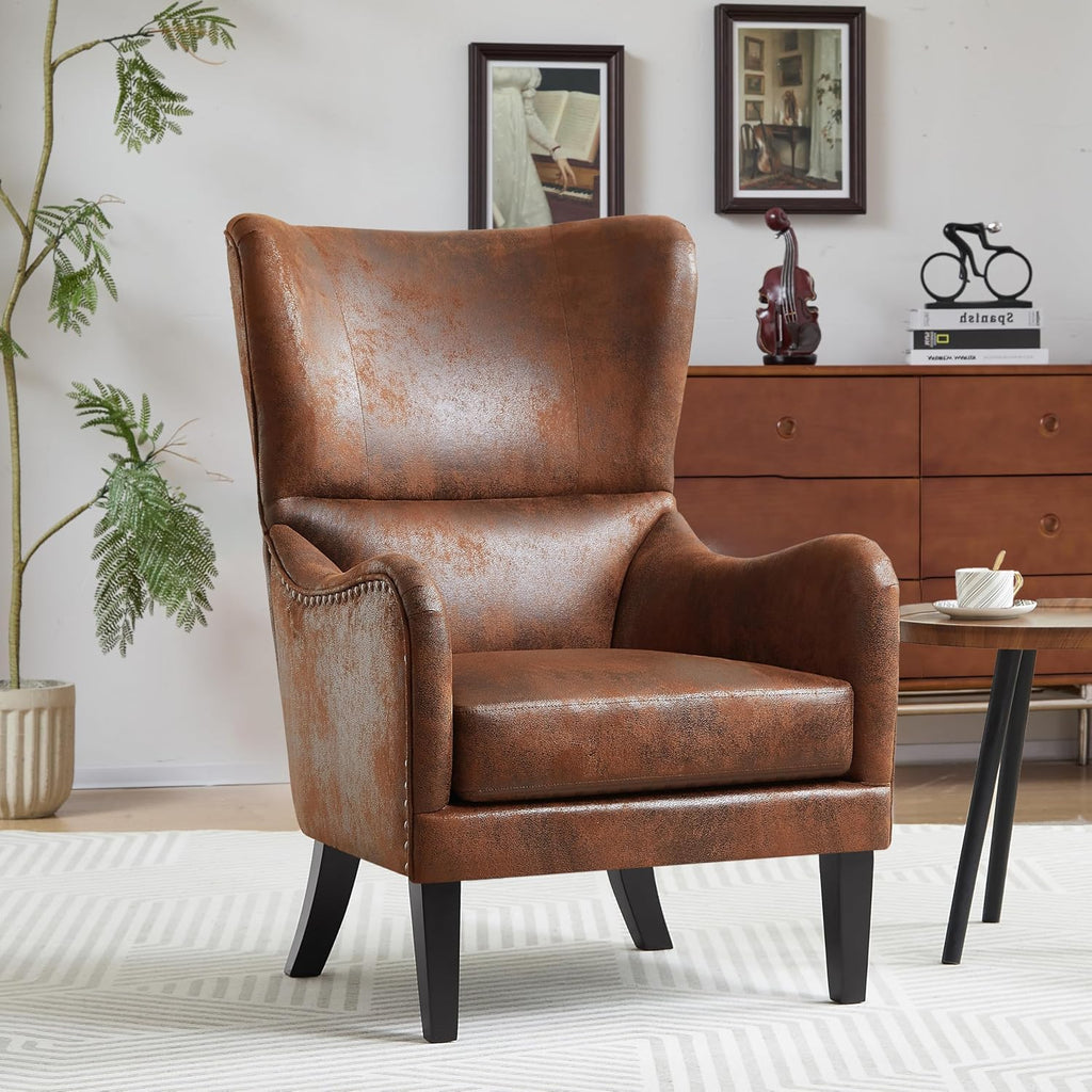 Mid-Century Modern Wingback Accent Chair, Faux Leather with Nailhead Trim