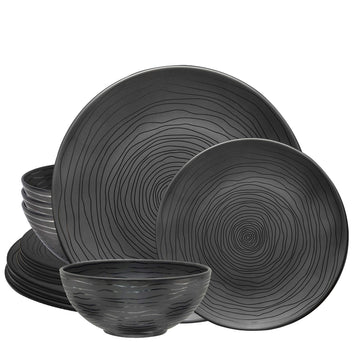 12 Piece Melamine Dinnerware Set - Durable, Dishwasher Safe Organica Black Plates and Bowls Sets Casual Dish Set for