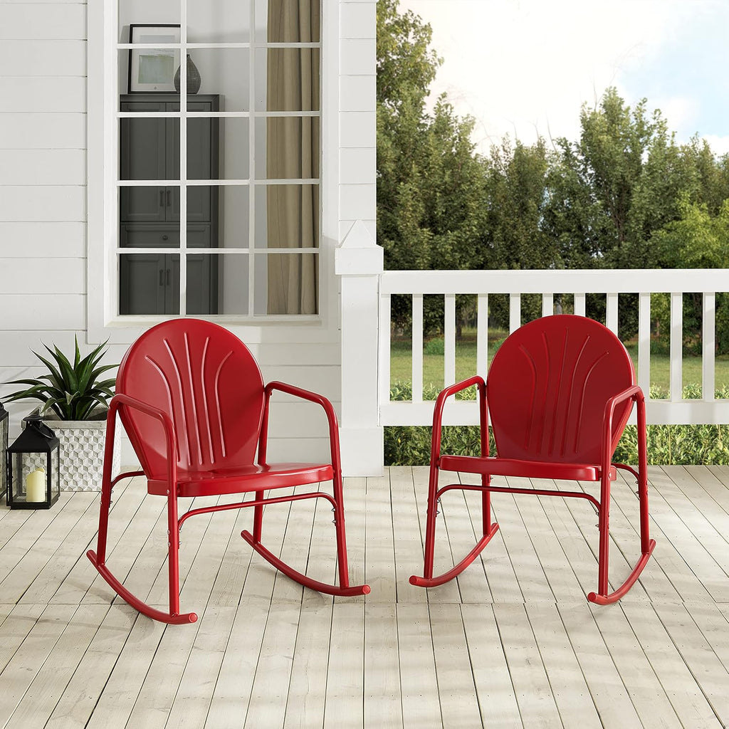 Griffith Retro Metal Outdoor Rocking Chairs, Set of 2, for Porch, Deck, Balcony, Backyard, Bright Red Gloss