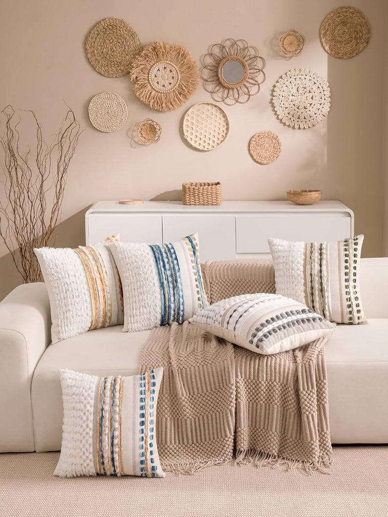 Boho Chenille Tufted Couch Throw Pillow Covers 18x18 Inch Set of 2 Farmhouse Striped Decorative Pillow Covers Accent