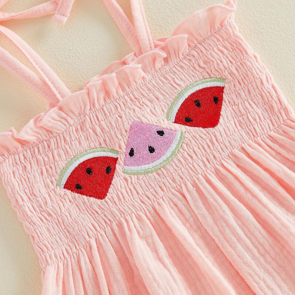 Toddler Girl Summer Outfits Strawberry/Watermelon/Avocado Smocked Tank Tops Linen Pants Cute Muslin 2 Piece Set