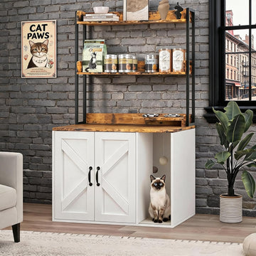 53" H Cat Litter Box Enclosure, Hidden Cabinet w/Storage & Charging, White