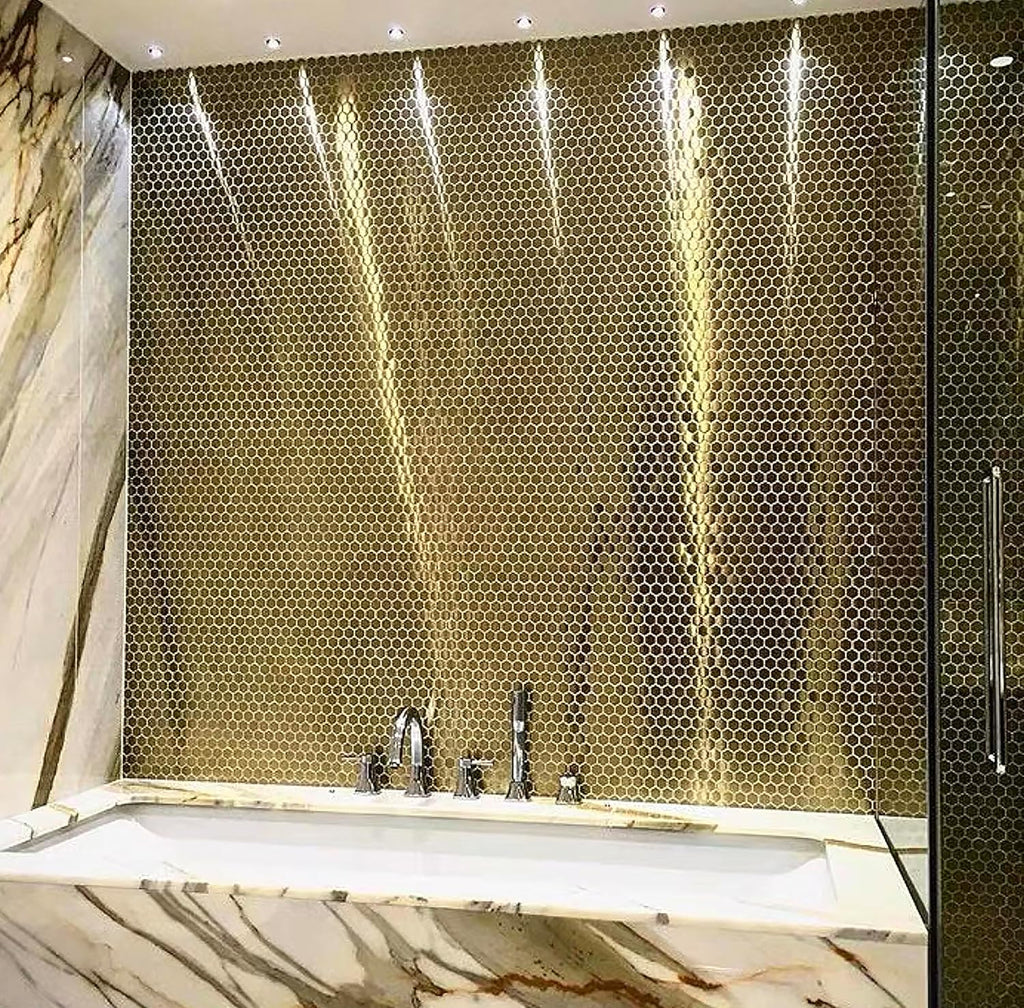 Hexagon Gold Backsplash Metal Mosaic Tile Stainless Steel Brushed/Shiny Kitchen Bathroom Backsplash Shower Floor Wall