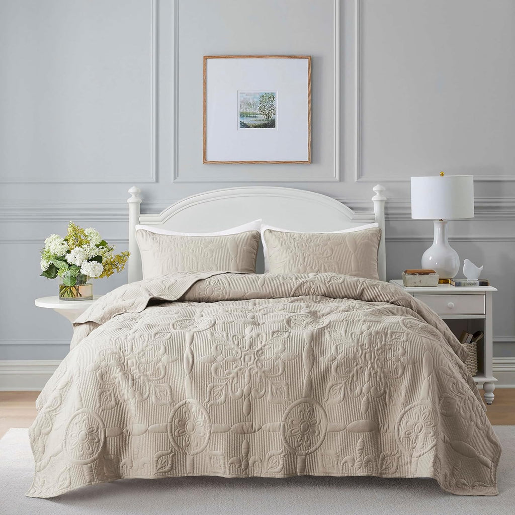 Beige Damask Quilt King Bedding Sets with 2 Pillow Shams, Boho Bedspread Lightweight Soft Farmhouse Vintage Bohemian