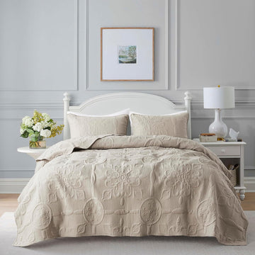 Beige Damask Quilt King Bedding Sets with 2 Pillow Shams, Boho Bedspread Lightweight Soft Farmhouse Vintage Bohemian