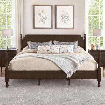 Solid Wood Spindle Post Bed Frame King with Headboard, Traditional Wooden Platform Bed, 13 Wood Slat Support, No Box