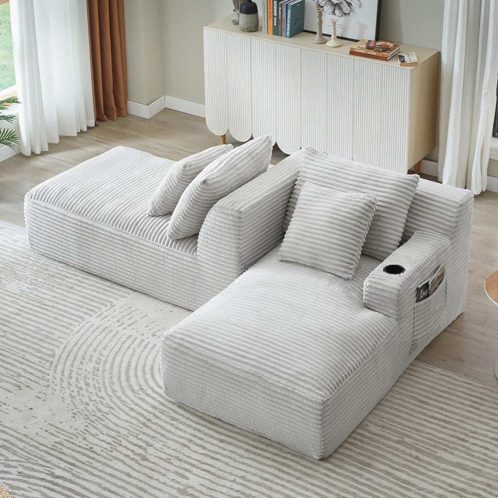 Oversized Double Chaise Lounge Indoor with Cup Holders & Side Pocket, 71" Plush Corduroy Boneless Chaise Lounge Sofa