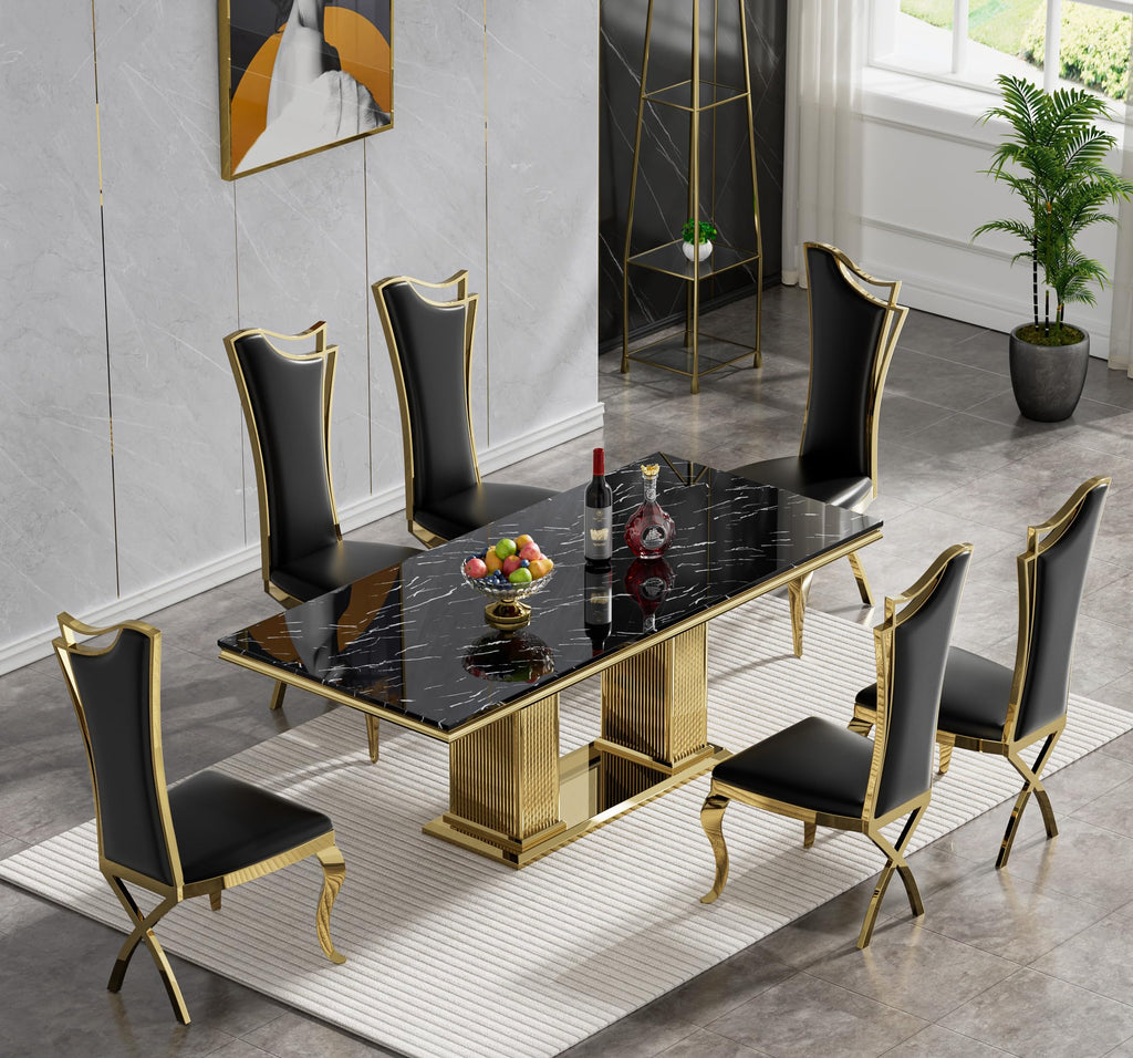 68 in Faux Marble Dining Table for 4-6, Black Marble Dining Table with Gold Stainless Steel Base, Luxury Rectangular