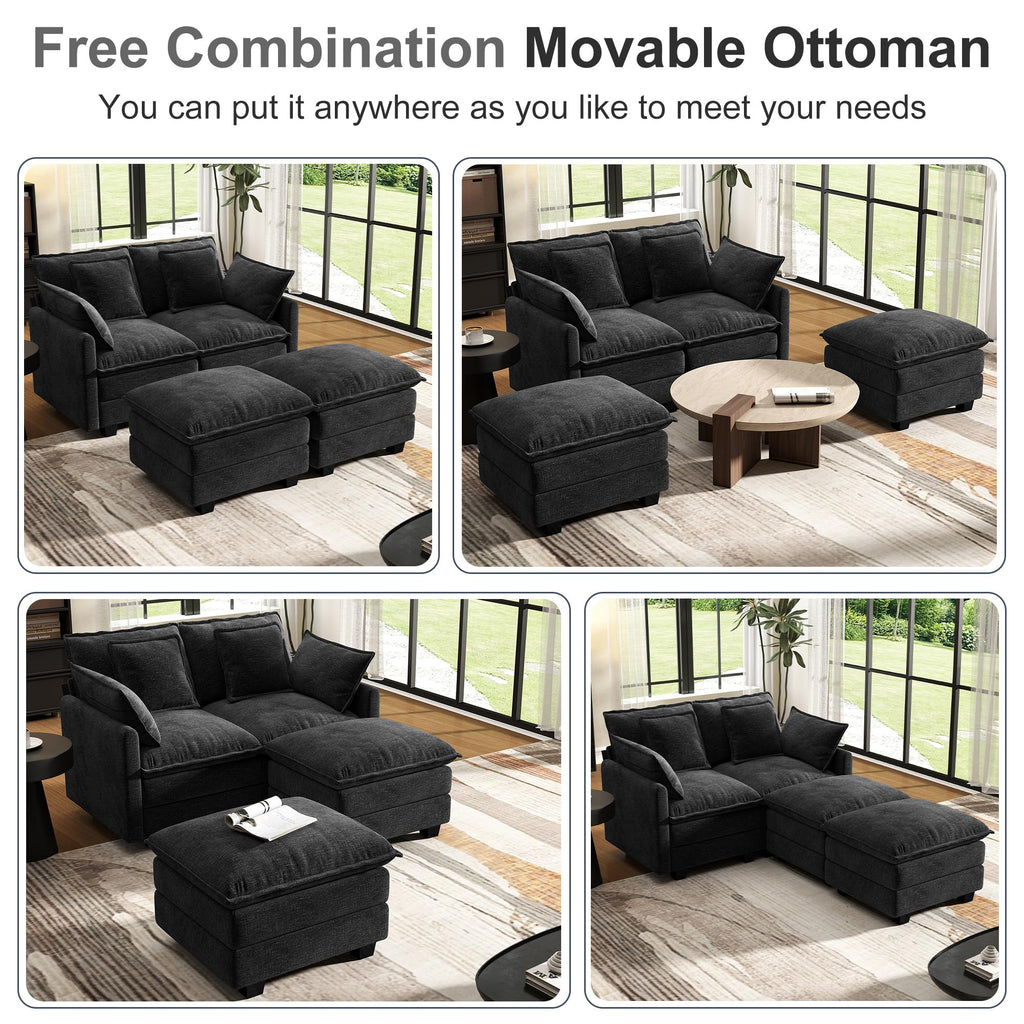 58" Cloud Couch Sectional Modular Sofa, Deep Seat Couches with Ottoman and Removable Washable Pillows, Black