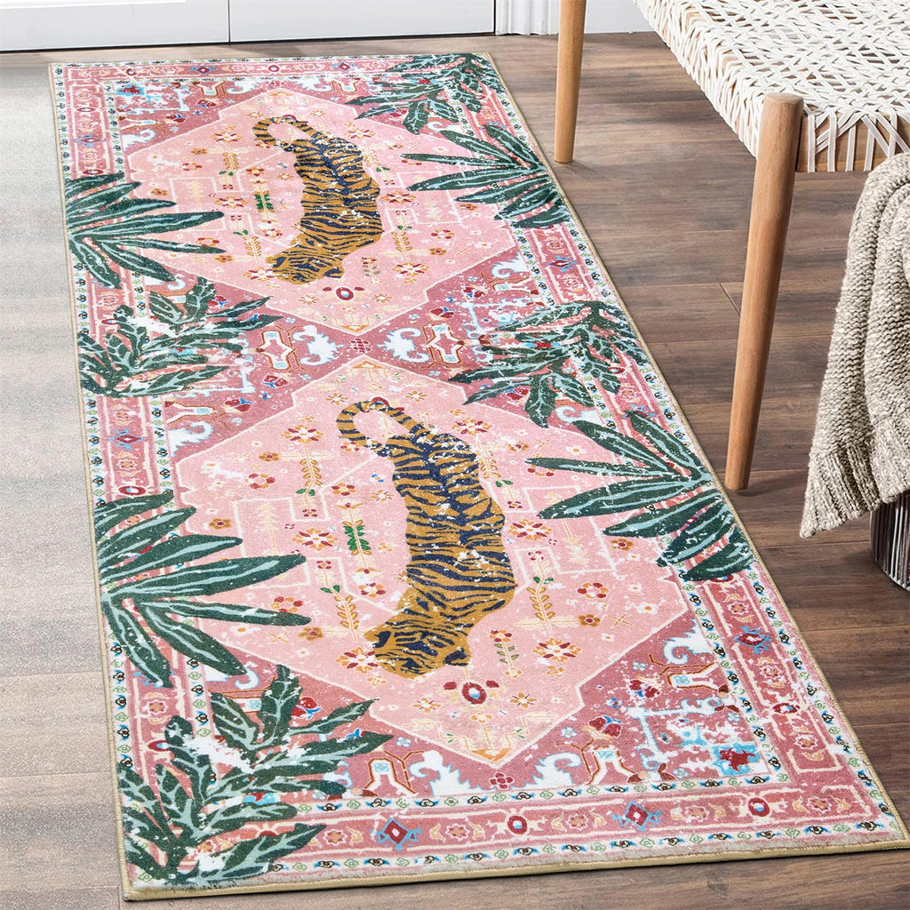Oriental Tropical Hallway Runner Rug Washable, Thin Stain Resistant Pink Boho Runner Rug Kitchen Bedroom Laundry