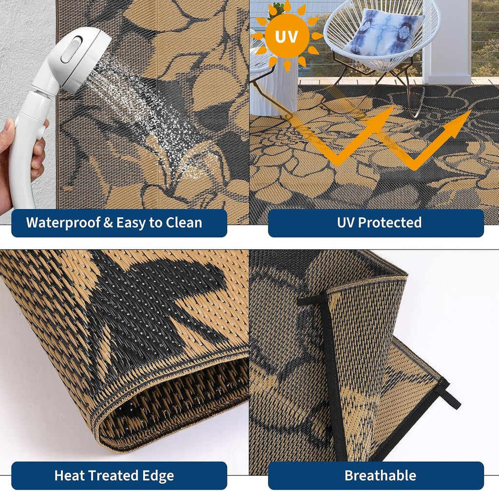 Outdoor Rug Reversible Modern Floral Patio Rug Waterproof & Washable Outside Carpet, UV Weather Resistant RV