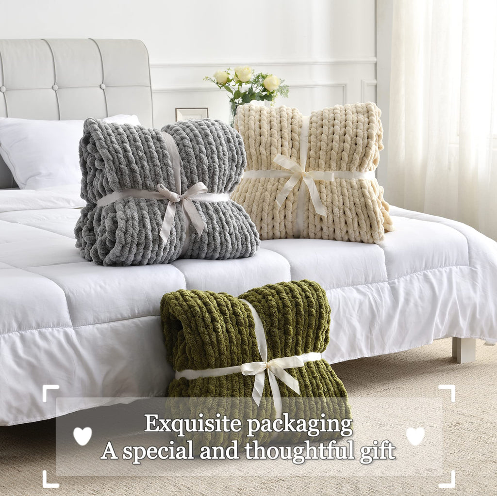 Tighter Version Chenille Chunky Knit Blanket Throw 50×60 Inch, Handmade Warm & Cozy Blanket Couch, Bed, Home Decor