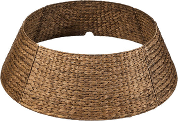 42in Christmas Tree Collar, Woven Hyacinth 4-Piece Holiday Rattan Tree Skirt Accessory w/Cord Cut-Out - Chestnut