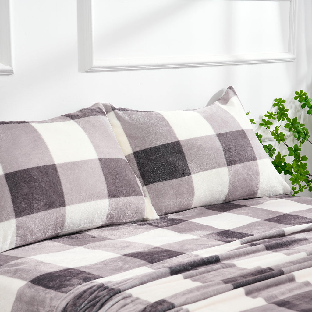 Micro Fleece Checkered Bed Sheet Set - Ultra-Soft Velvet Plush Bed Sheets with Deep Pockets, No Pilling, Cozy