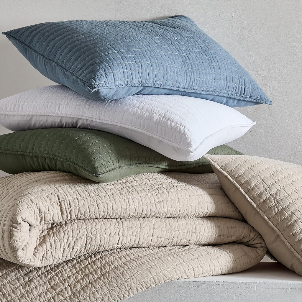 100% Cotton Queen Quilt Set - Beige Neutral Striped Pick Stitch Soft Lightweight Bedspread, Textured Like Linen
