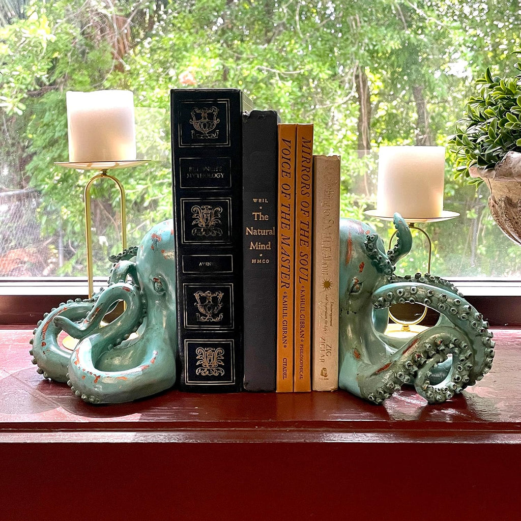 Set of 2 Octopus Decorative Bookends, 10 Inch Aqua Resin | Lifelike Tentacle Sculpting, Felt Pad Feet Help Protect