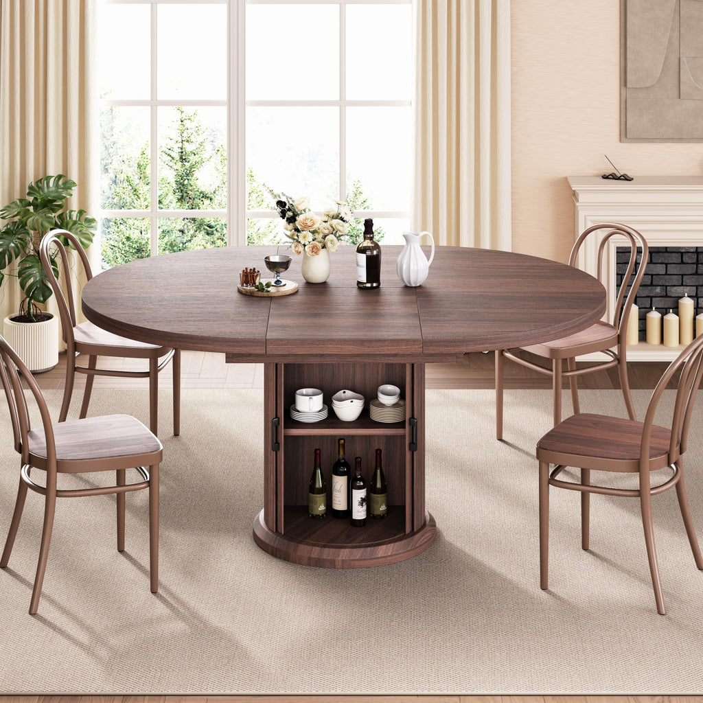 47′′-63′′ Extendable Round Dining Table for 4-8 with Dust-Proof 2-Tier Storage Shelf Space Saving Expandable Wood
