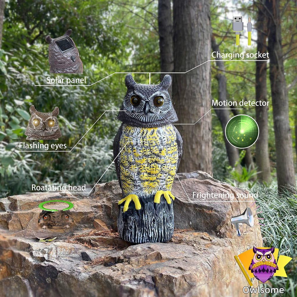 Solar Owl with Glowing Eyes, Rotating Head, Hoot Sound, Motion Detector and Silent Mode, Plastic Owl Garden