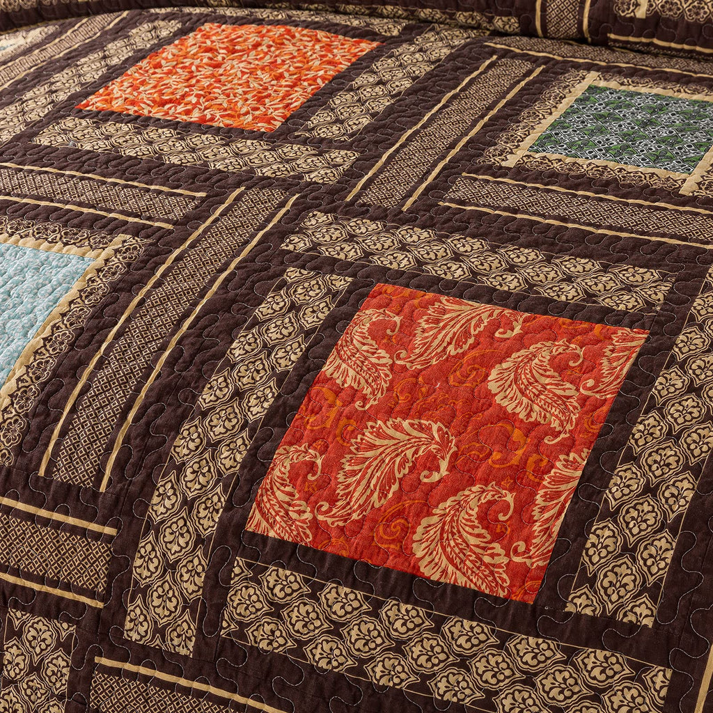 Cotton Patchwork Bedspread, 3-Piece Bedding Quilt Set with Real Stitched Embroidery, Reversible Matelasse Bed