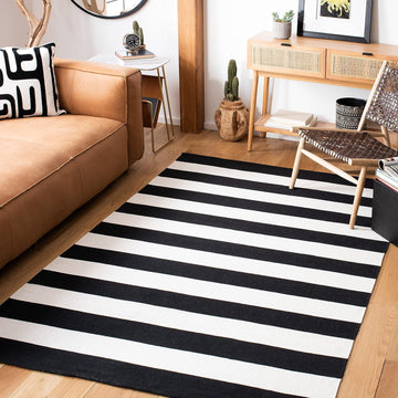 Montauk Collection Area Rug - 8' Square, Black & Ivory, Handmade Flatweave Cotton, Woven Texture, Farmhouse Stripe