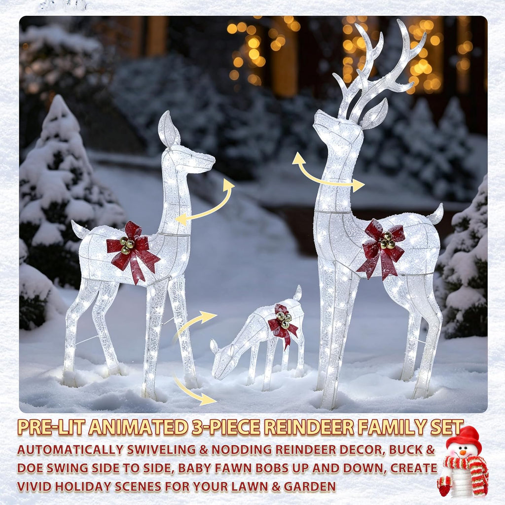 Pre-Lit Animated Deer Family, 3 Piece Christmas Deer Decor, White