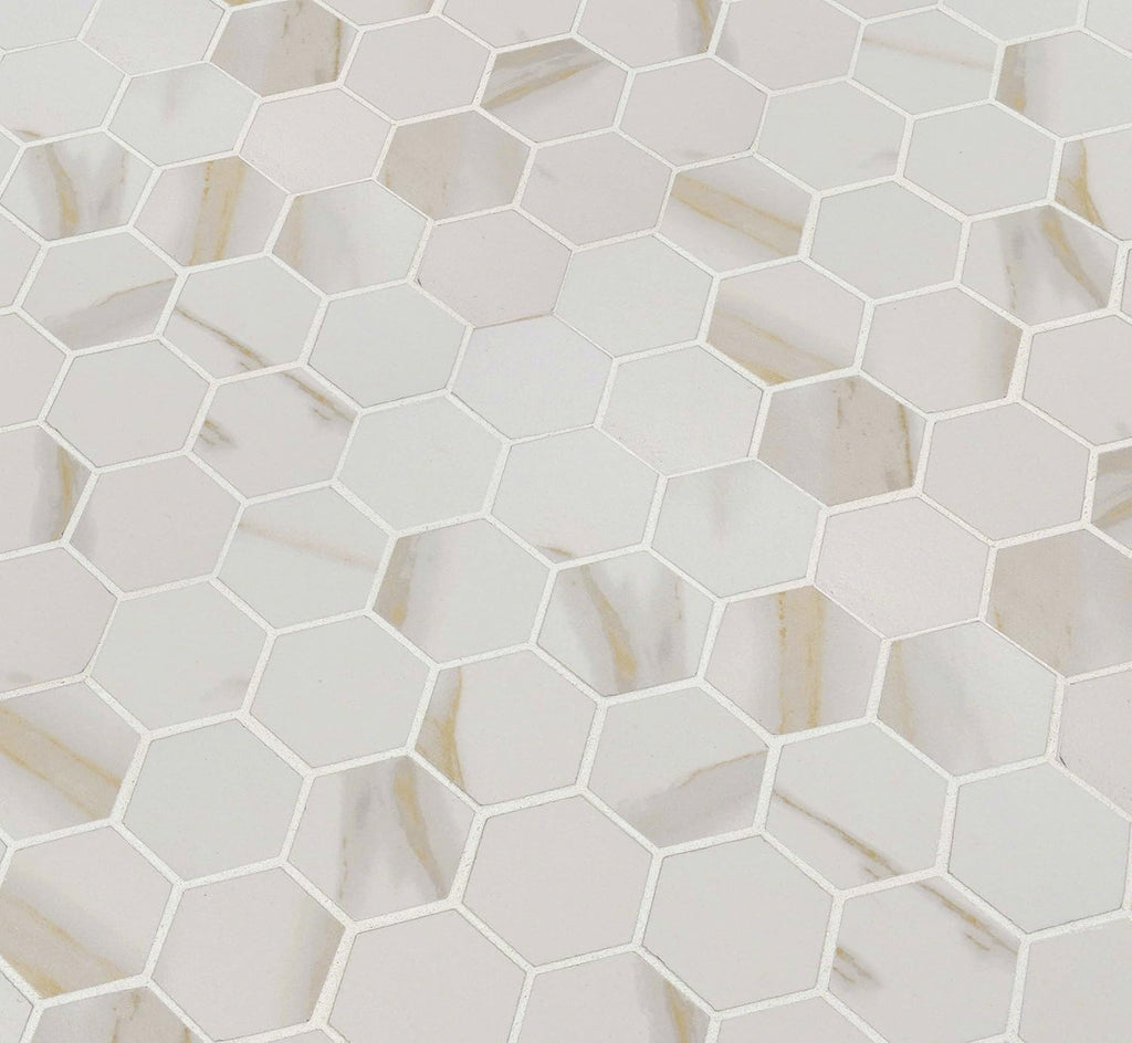 Calacatta White Hexagon Porcelain Mesh Mounted Mosaic Tile Flooring