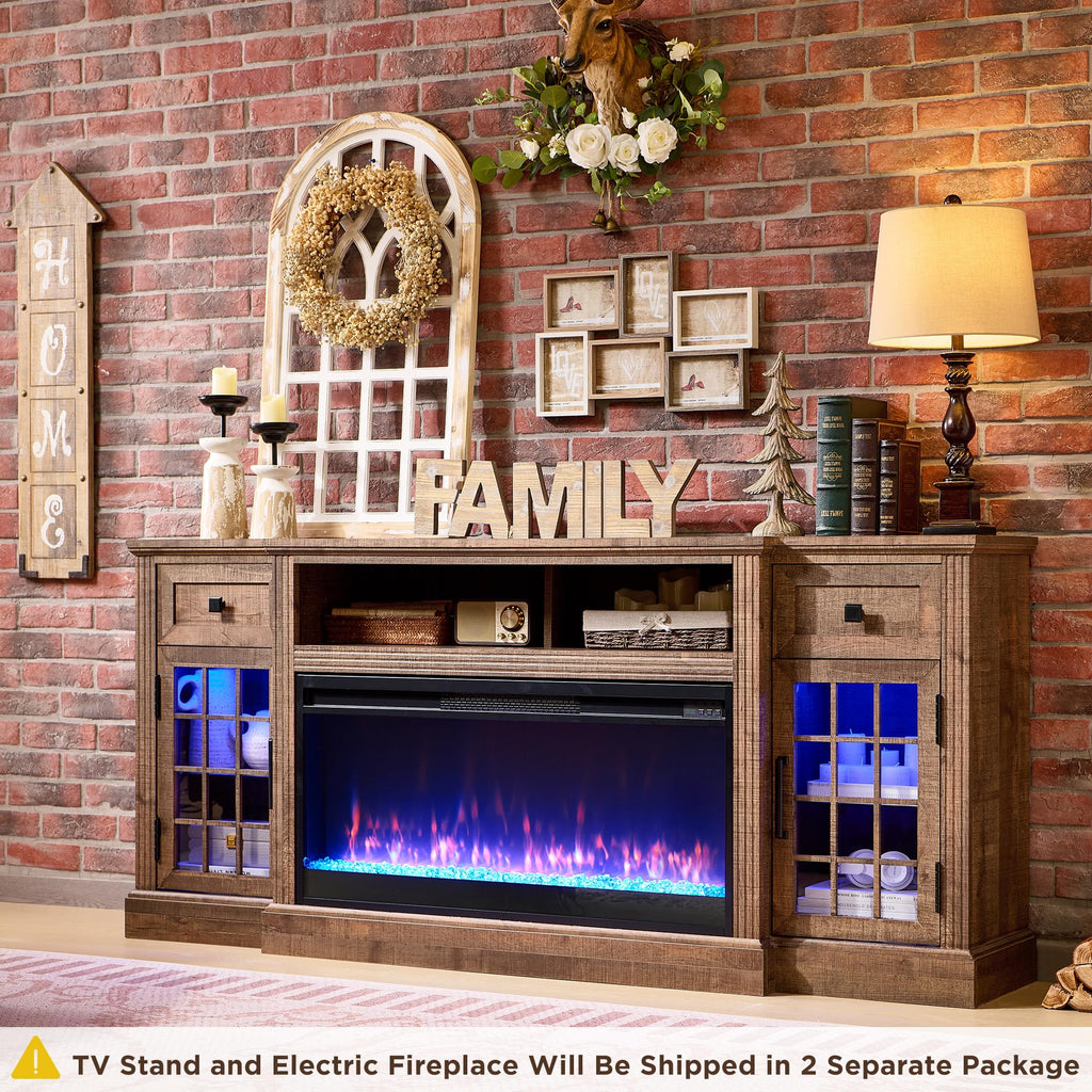 Fireplace TV Stand for 80 Inch TV, Farmhouse Highboy Entertainment Center w/LED Lights & 36" Electric Fireplace