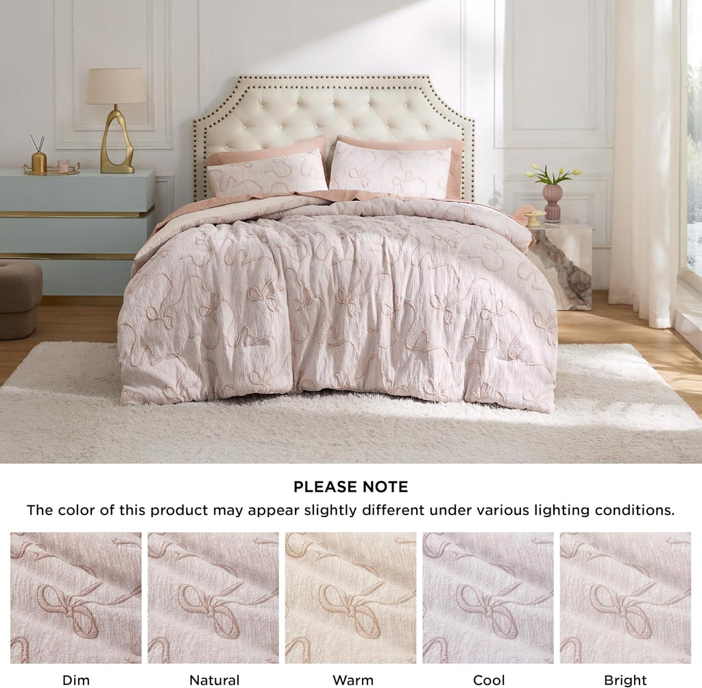 Pink Full Comforter Sets for Girls, GentleSoft 3 Pieces Bow Comforter with 2 Pillow Shams, Cute Girls Full Bedding