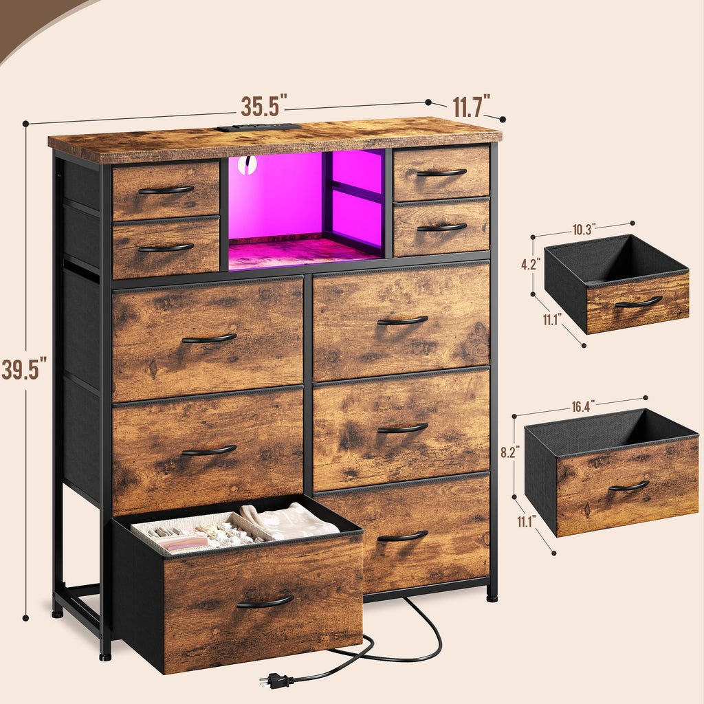 10-Drawer Tall Dresser, LED & Charging Station, Brown