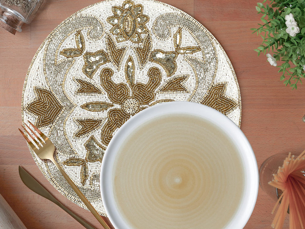 Beaded Charger Placemats Set of 2, 13" -Silver Gold Ivory