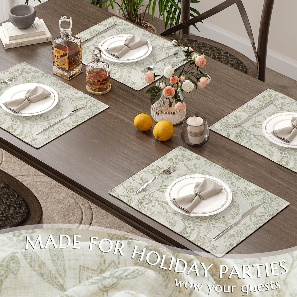 Linen Floral Placemats Set of 4 Farmhouse 13x19 Inch Green