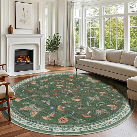 Mushroom Insect 8ft Round Rug Washable Non-Slip Soft Ultra-Thin Large Boho Circle Carpet for Entrywa