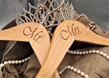 MRMRS20017ENG Bridal Hanger Set, Natural Wood Hangers Engraved with (Mr. and Mrs.), 17" (2 piece Set), Natural