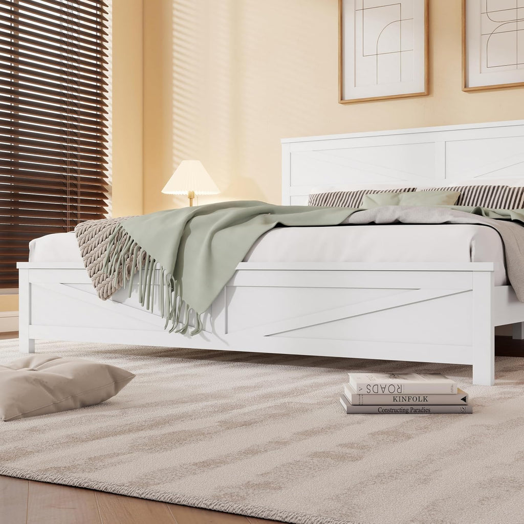 Rustic Platform Bed Frame with Barn Door Design Headboard and Footboard for Bedroom, King Pine Wood Bed with Wooden