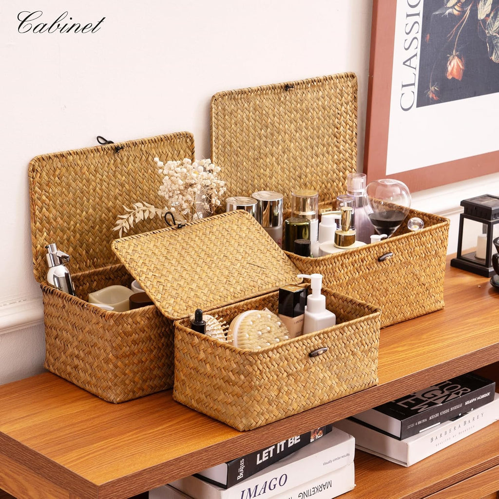 Storage Basket with Lid, Natural Seagrass Bin with Lid Set of 3, Shelf Baskets Multipurpose Container for Boho