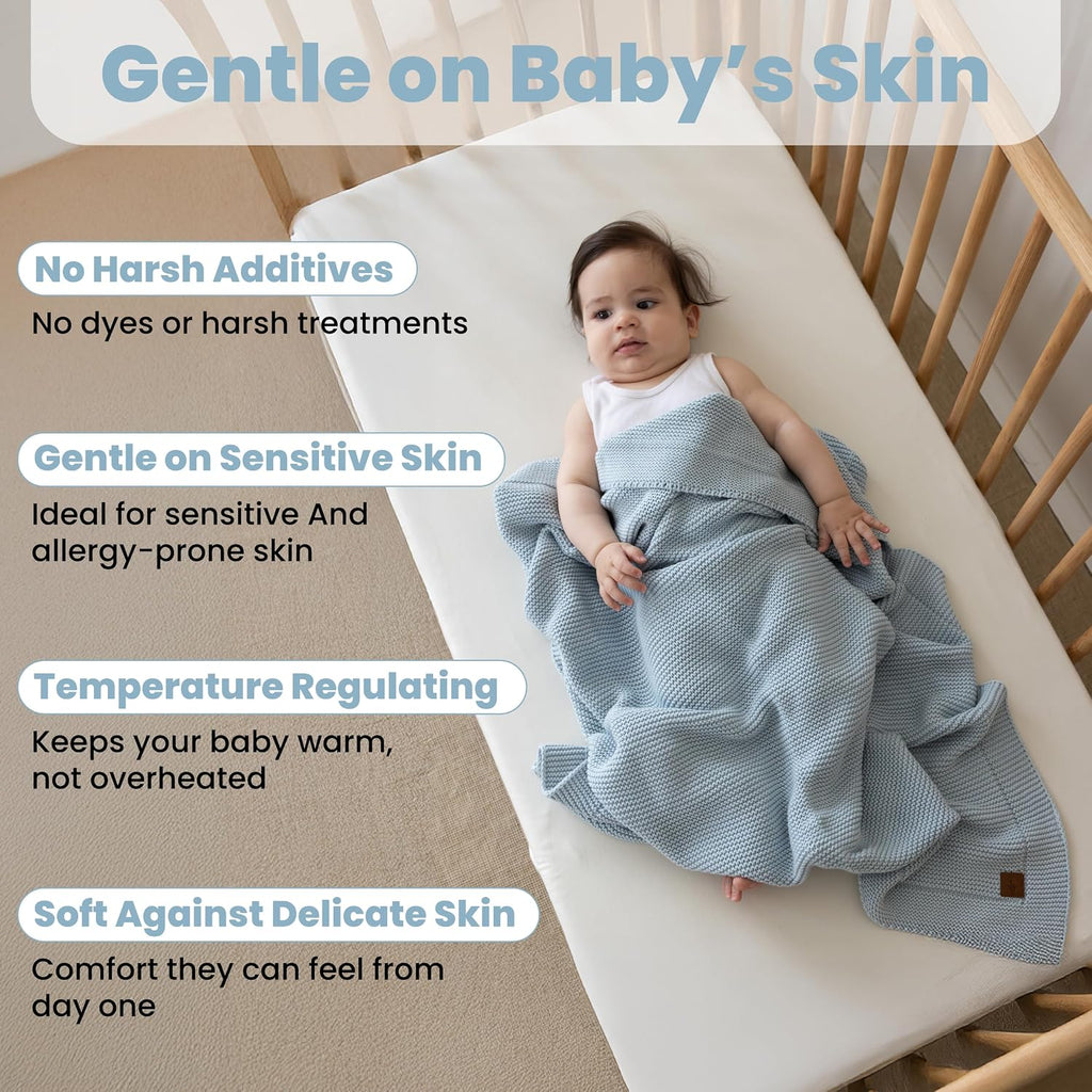 Organic Cotton Baby Blanket 30x40, Baby Blue - GOTS Certified, Soft Knit Swaddle with Gift Box, Breathable Nursery