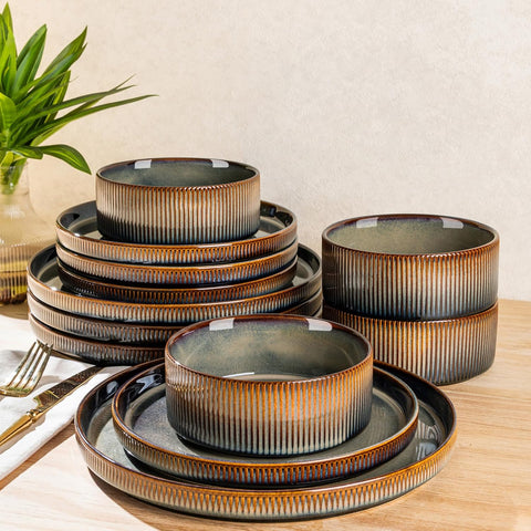 Ceramic Dinnerware Sets for 4, 12 Pieces Porcelain Lightweight Speckled Plates and Bowls Sets