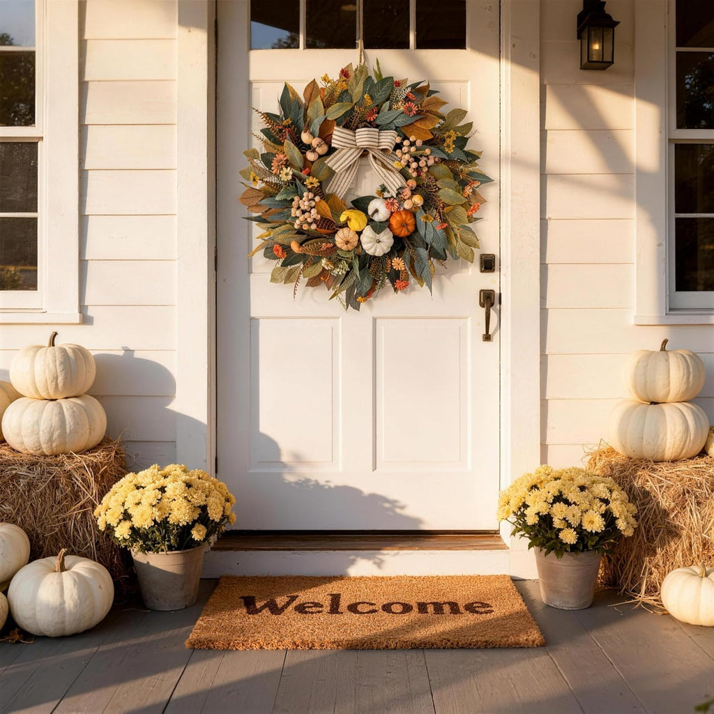 24 Inch Fall Wreath for Front Door,Pumpkin Wreath Farmhouse Decor