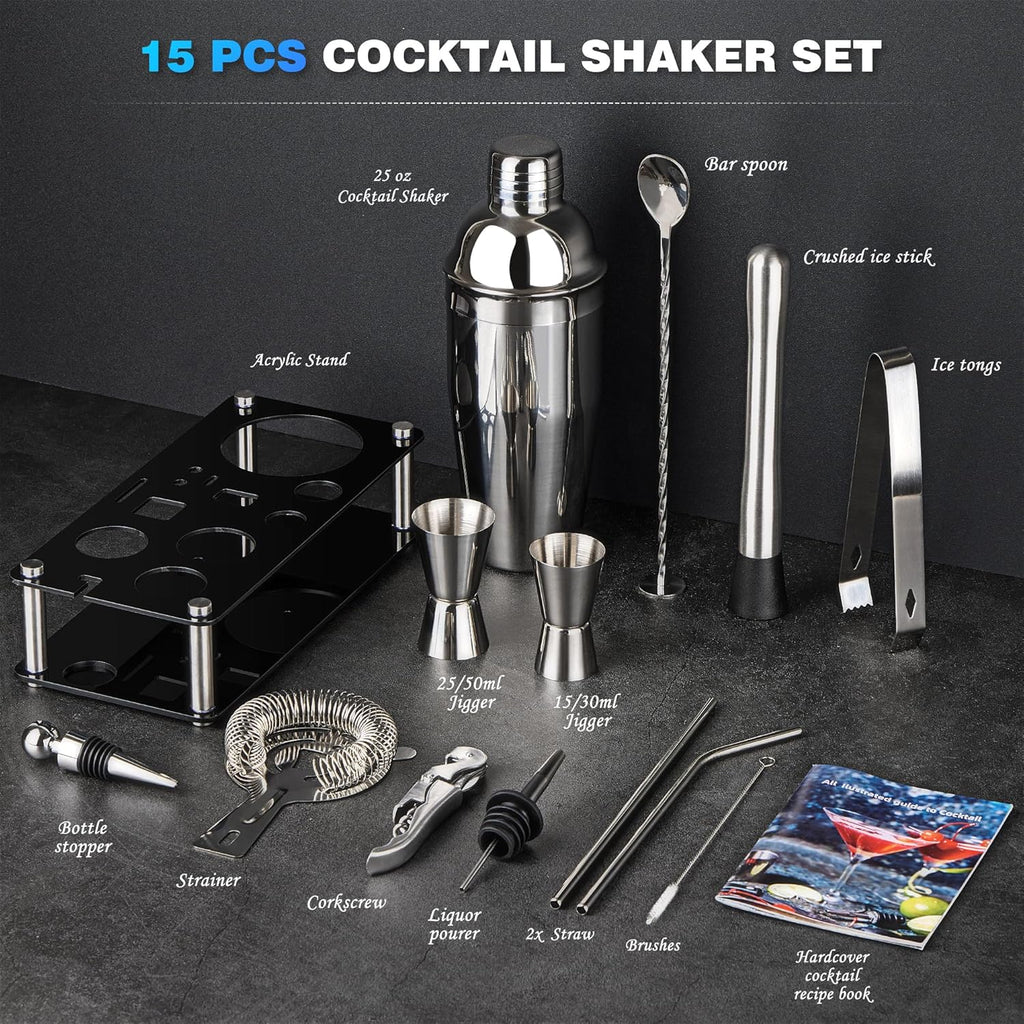 Bartender Kit, Cocktail Shaker Bar Tool with Acrylic Stand - Set of 15