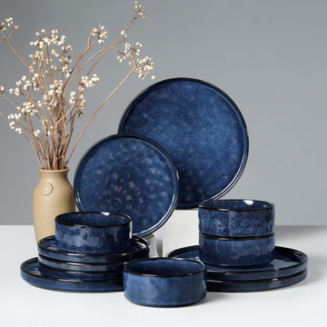 Dinnerware Sets, 12-Piece Plates and Bowls Set, Reactive Starry Blue