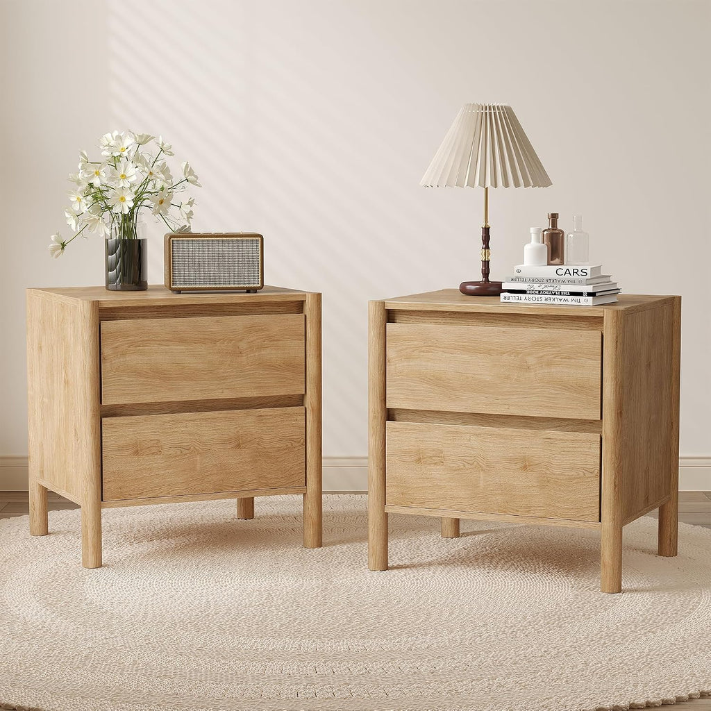 Mid Century Modern Oak Nightstand Set of 2 - Bedside Table with 2 Drawers and 4 Sturdy Solid Wood Legs, End Table