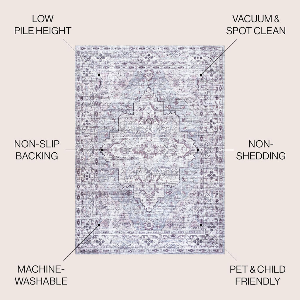 Machine Washable Gray/Purple Indoor Area Rug 5X8 ft, Didim Boho Medallion, Easy-Cleaning, High Traffic