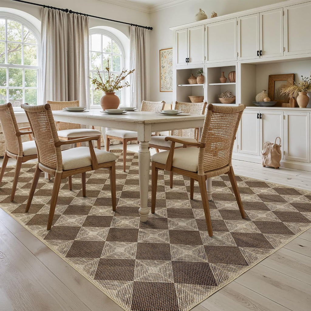 5x7 Checkered Easy Jute Rug - Washable Non-Slip Indoor Outdoor Carpet, Brown Textured Diamond Pattern, Neutral Area