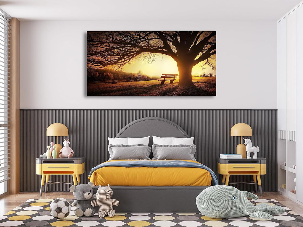 Wall Art Decor Canvas Print Picture Big Trees in Sunset 1 Panel Golden Sunset Forest Natural Landscape Painting
