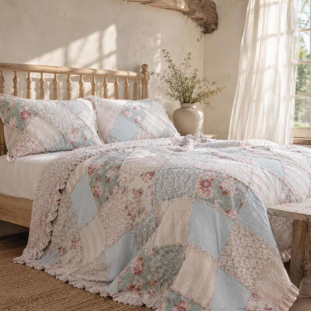 Cottage Floral Patchwork Bedspread Set - Hint of Mint Dainty Quilted Cotton Blooming Garden Botanical - Multi